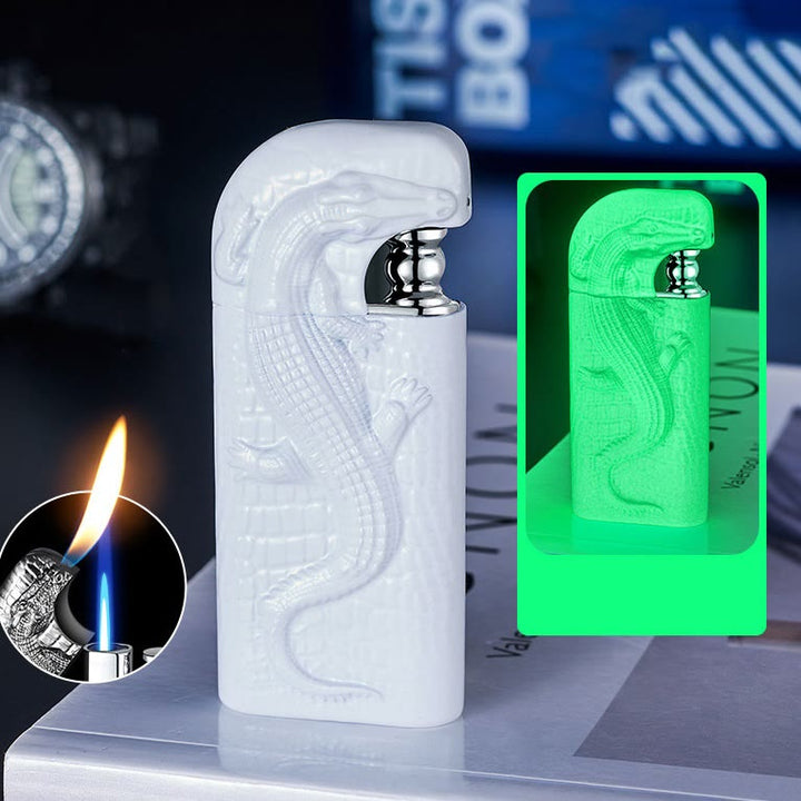 Encendedor de butano recargable con doble llama y relieve de cocodrilo salvaje