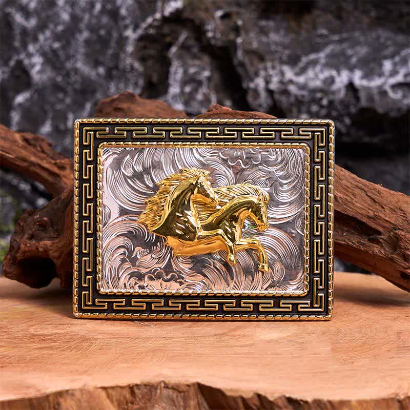 Cinturón de cuero con hebilla grande, hecho a mano, con diseño rectangular de caballos dobles, dorado y negro - Caballos dobles - Sin cinturón - Cinturón no incluido - image 1