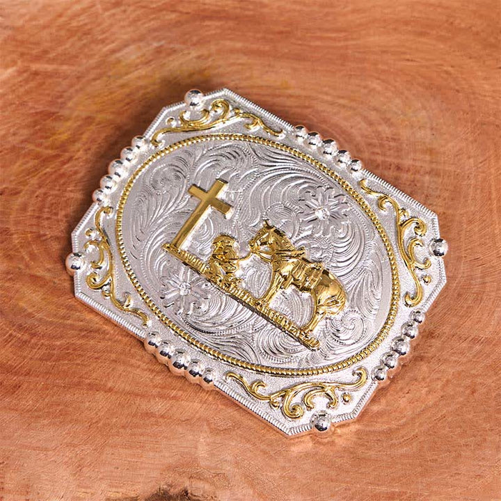 Cinturón de cuero con hebilla grande de caballo y cruz de oración de vaquero, hecho a mano en plata y oro - image 4