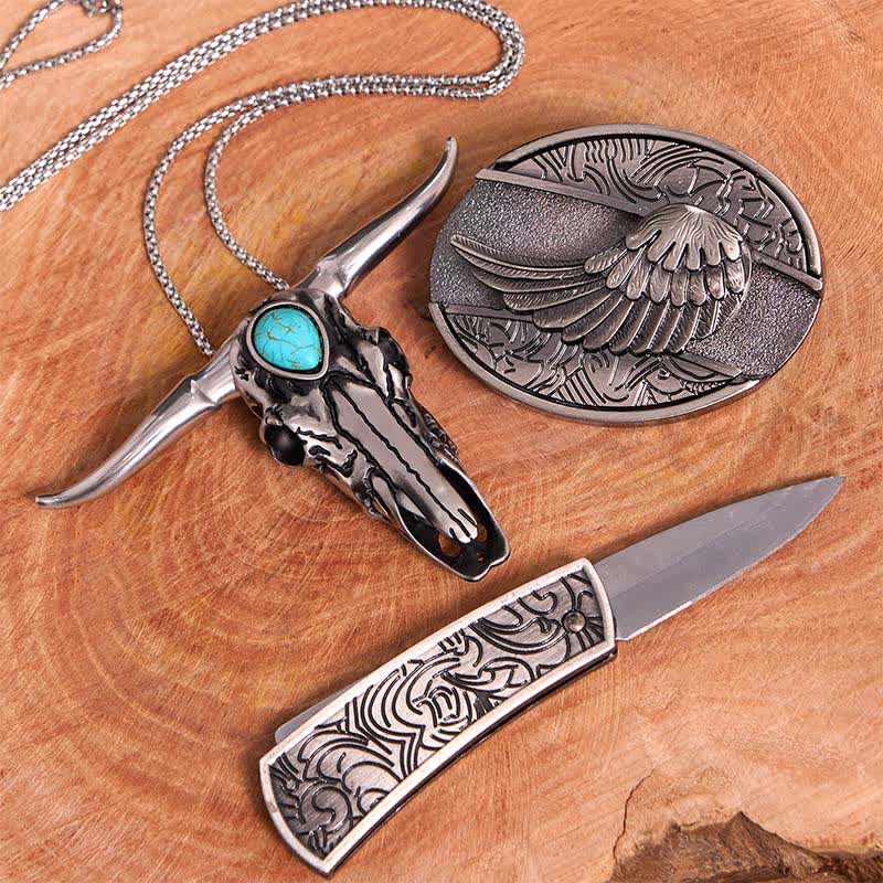Conjunto de colgante de toro de cuernos largos turquesa con hebilla de cinturón y cuchillo oculto de ala de ángel