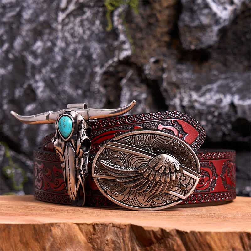 Conjunto de colgante de toro de cuernos largos turquesa con hebilla de cinturón y cuchillo oculto de ala de ángel