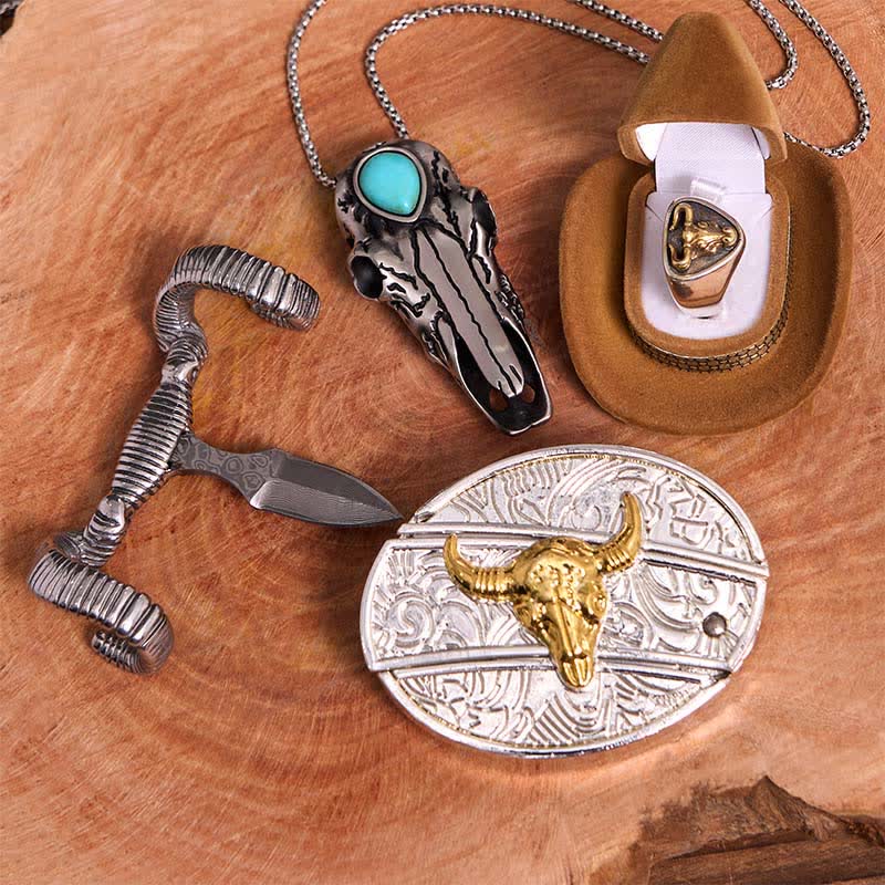 Conjunto de colgante de oveja con calavera turquesa y hebilla de cinturón con cuchillo oculto de bricolaje con toro dorado