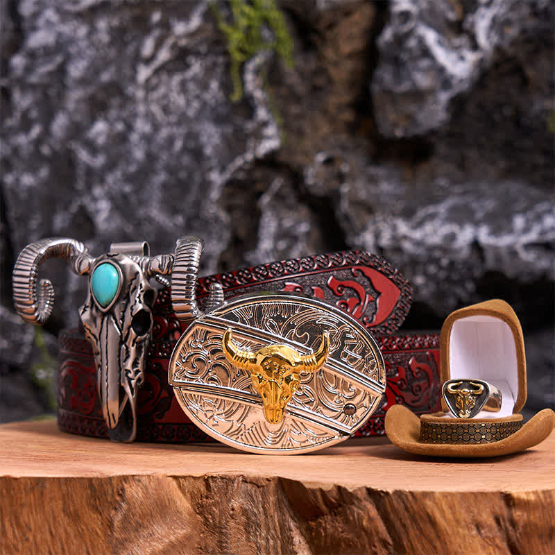 Conjunto de colgante de oveja con calavera turquesa y hebilla de cinturón con cuchillo oculto de bricolaje con toro dorado