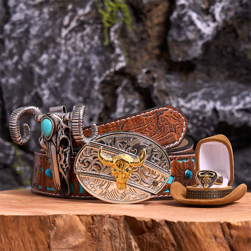 Conjunto de colgante de oveja con calavera turquesa y hebilla de cinturón con cuchillo oculto de bricolaje con toro dorado