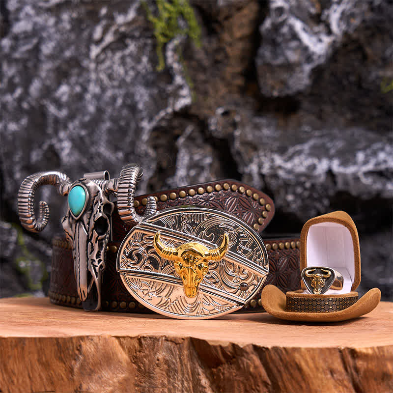 Conjunto de colgante de oveja con calavera turquesa y hebilla de cinturón con cuchillo oculto de bricolaje con toro dorado