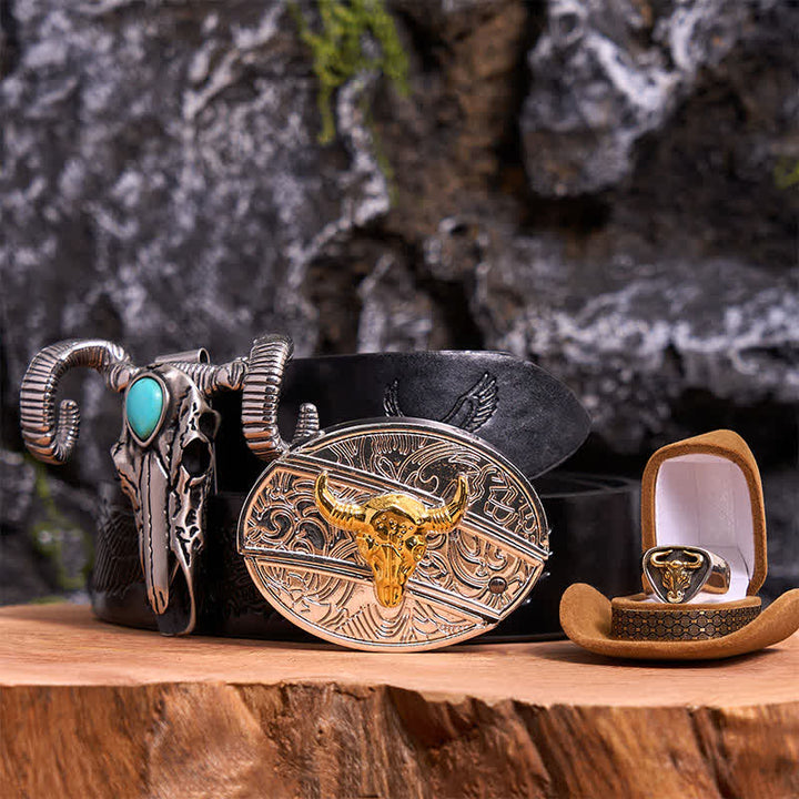 Conjunto de colgante de oveja con calavera turquesa y hebilla de cinturón con cuchillo oculto de bricolaje con toro dorado