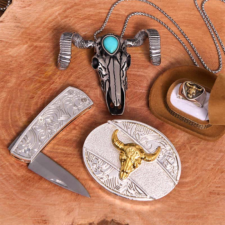 Conjunto de colgante de oveja con calavera turquesa y hebilla de cinturón con cuchillo oculto de bricolaje con toro dorado