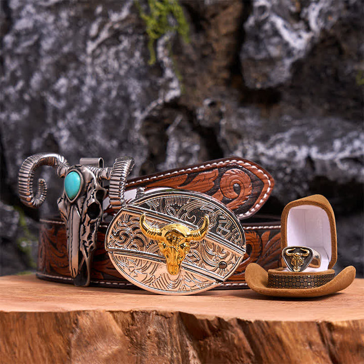 Conjunto de colgante de oveja con calavera turquesa y hebilla de cinturón con cuchillo oculto de bricolaje con toro dorado