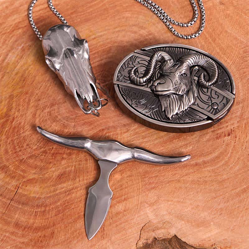 Conjunto de collar y colgante de cruz con cuchillo oculto de cabra, hebilla de cinturón y cuernos largos
