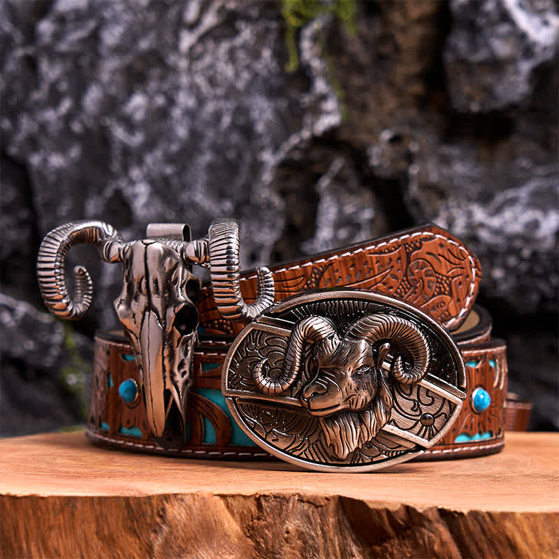 Conjunto de colgante de calavera y oveja con hebilla de cinturón y cuchillo oculto de cabra DIY