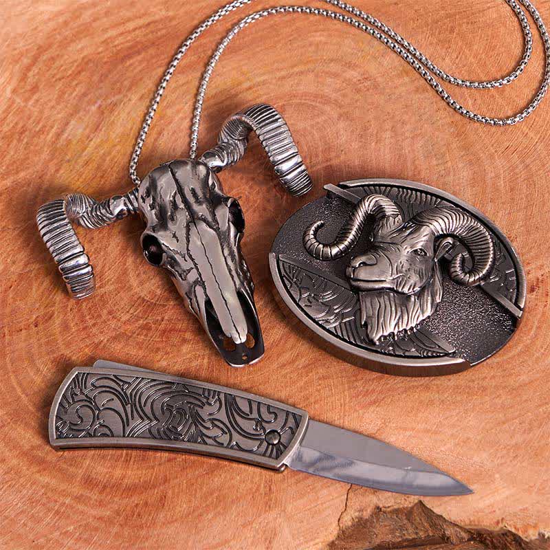 Conjunto de colgante de calavera y oveja con hebilla de cinturón y cuchillo oculto de cabra DIY