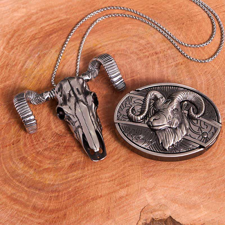 Conjunto de colgante de calavera y oveja con hebilla de cinturón y cuchillo oculto de cabra DIY
