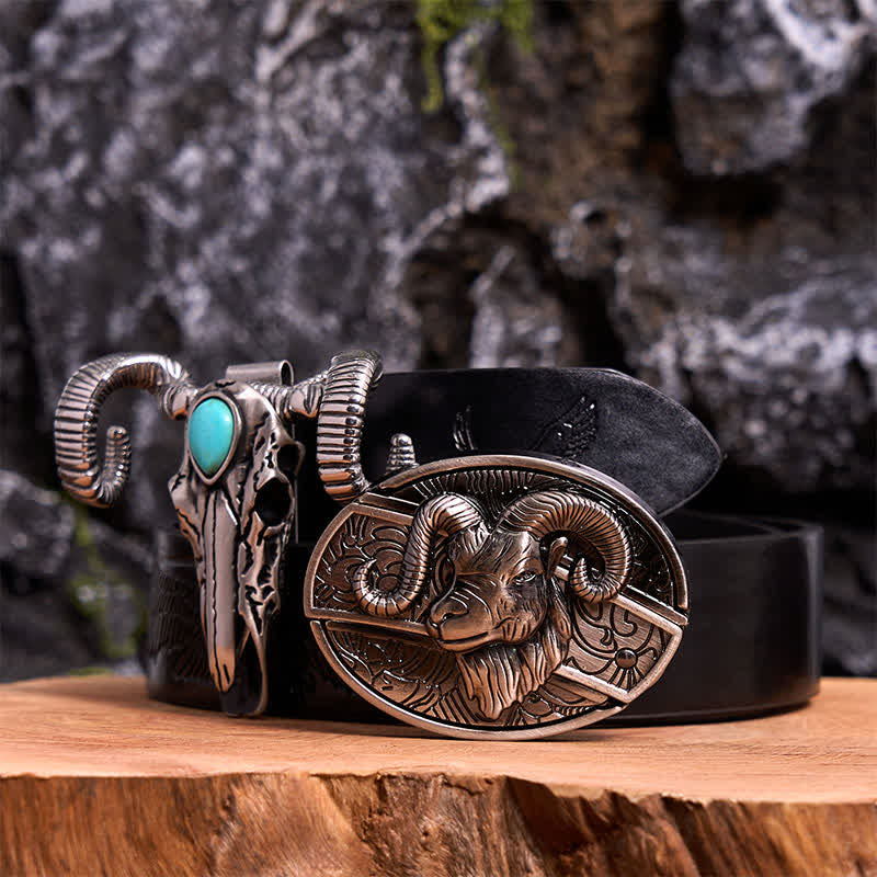 Conjunto de colgante de oveja con calavera turquesa y hebilla de cinturón con cuchillo oculto de cabra DIY