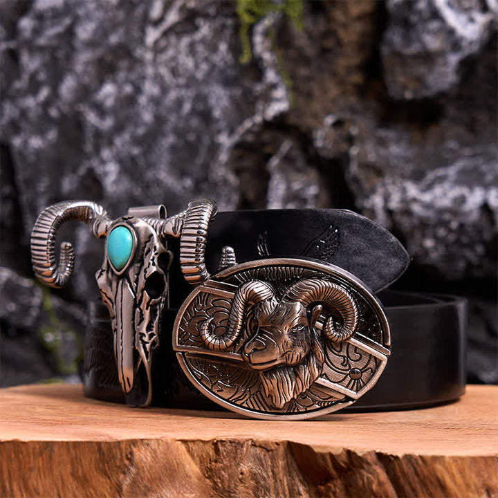 Conjunto de colgante de oveja con calavera turquesa y hebilla de cinturón con cuchillo oculto de cabra DIY
