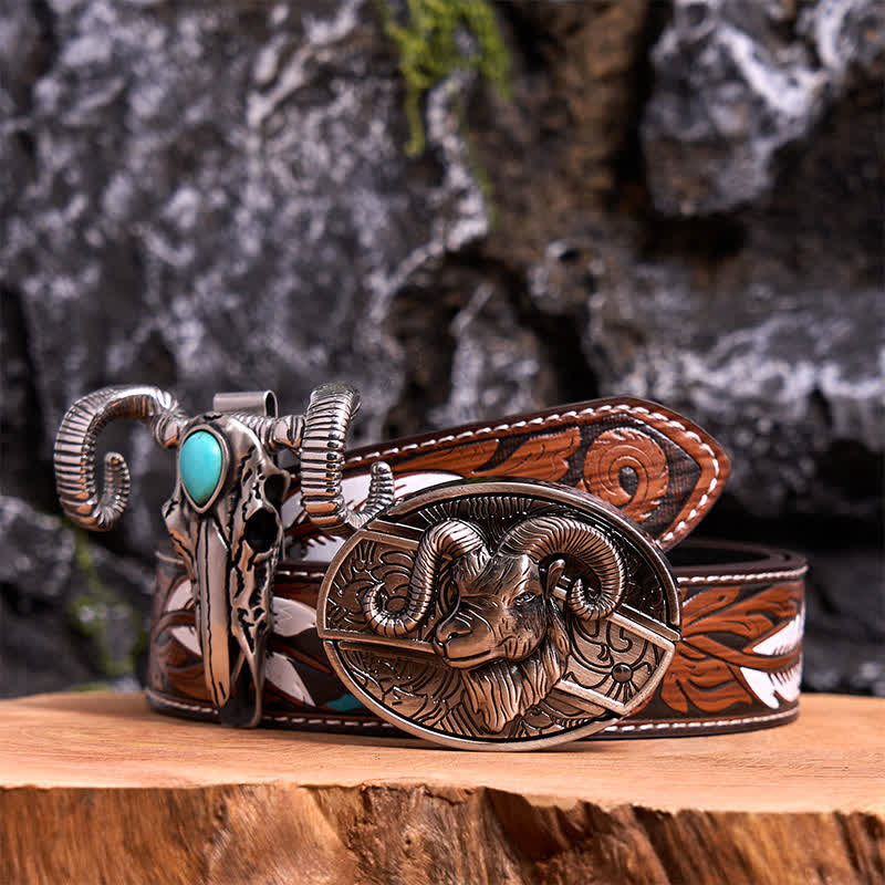 Conjunto de colgante de oveja con calavera turquesa y hebilla de cinturón con cuchillo oculto de cabra DIY
