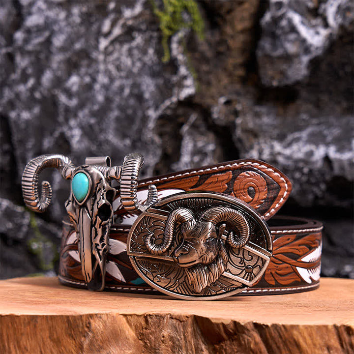 Conjunto de colgante de oveja con calavera turquesa y hebilla de cinturón con cuchillo oculto de cabra DIY