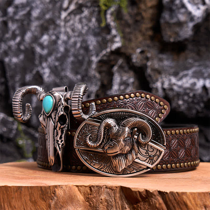 Conjunto de colgante de oveja con calavera turquesa y hebilla de cinturón con cuchillo oculto de cabra DIY