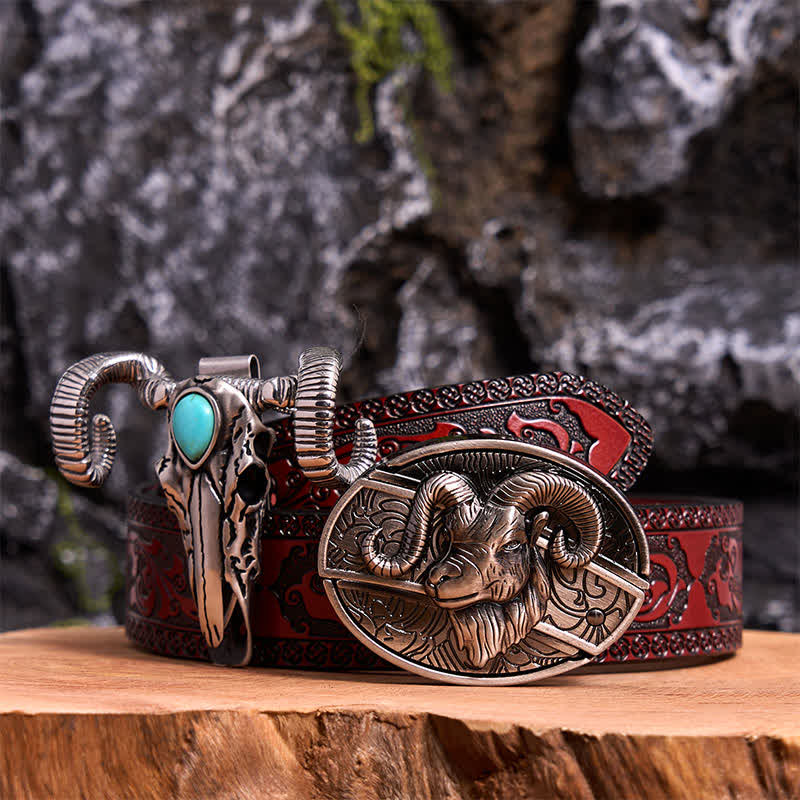 Conjunto de colgante de oveja con calavera turquesa y hebilla de cinturón con cuchillo oculto de cabra DIY
