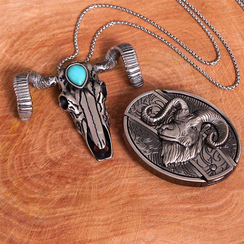 Conjunto de colgante de oveja con calavera turquesa y hebilla de cinturón con cuchillo oculto de cabra DIY
