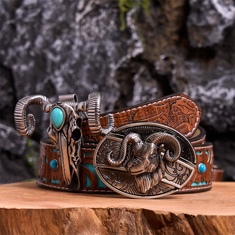 Conjunto de colgante de oveja con calavera turquesa y hebilla de cinturón con cuchillo oculto de cabra DIY
