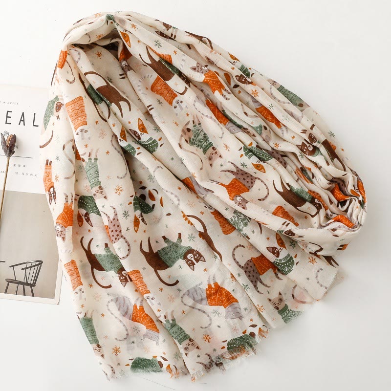 Bufanda fina y ligera con estampado de gatitos para mujer