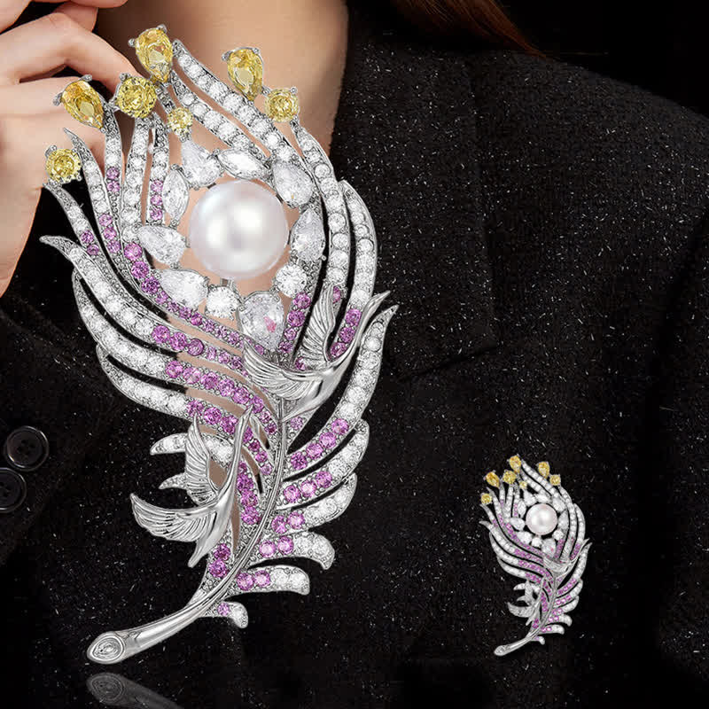 Broche unisex con forma de pluma de perla y diamantes de rosas imitación y amarillos