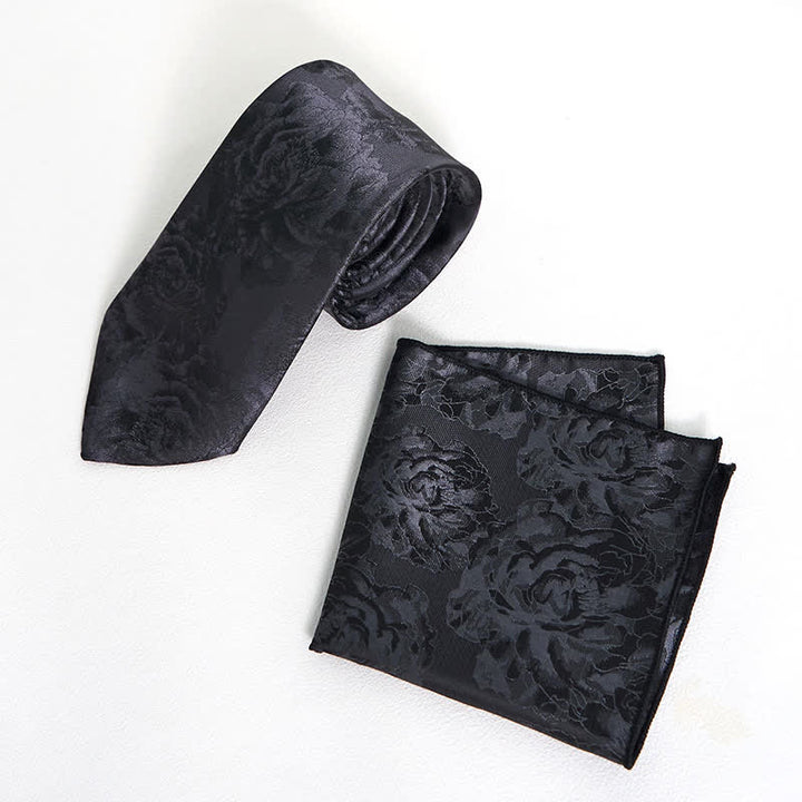 Corbata de bolsillo clásica con diseño de peonía negra para hombre