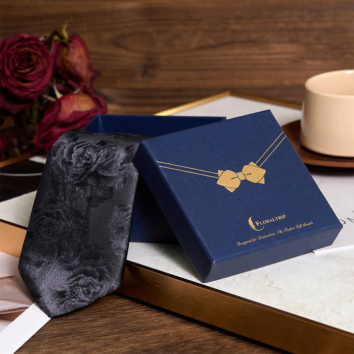 Corbata de bolsillo clásica con diseño de peonía negra para hombre