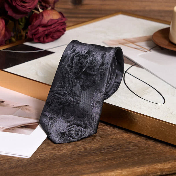 Corbata de bolsillo clásica con diseño de peonía negra para hombre