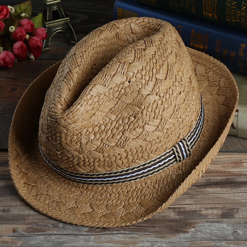 Sombrero fedora de paja unisex estilo bohemio para playa, hecho a mano, para verano