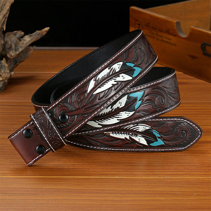 Cinturón de cuero con plumas punk en relieve, hecho a mano, sin hebilla