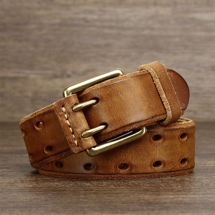 Cinturón de cuero estilo western con hebilla de doble punta y dos agujeros