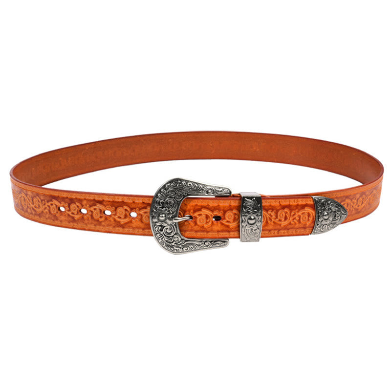 Cinturón de cuero con relieve estilo western con hebilla plateada