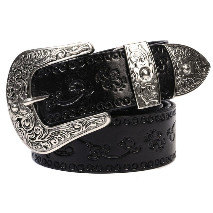 Cinturón de cuero con relieve estilo western con hebilla plateada