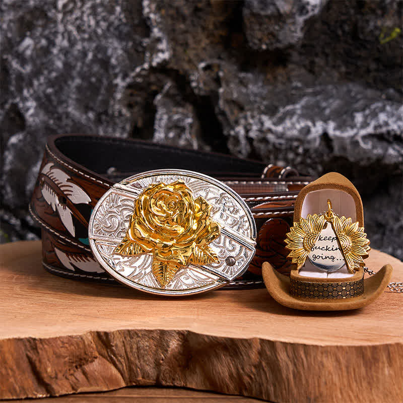 Conjunto de collar con girasol y hebilla de cinturón con cuchillo oculto en forma de rosa, dorado y plateado
