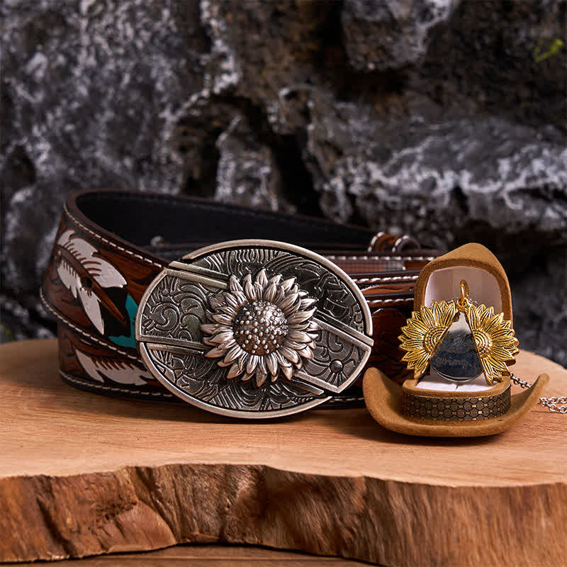Conjunto de collar y hebilla de cinturón con cuchillo oculto con temática de girasol de plata DIY