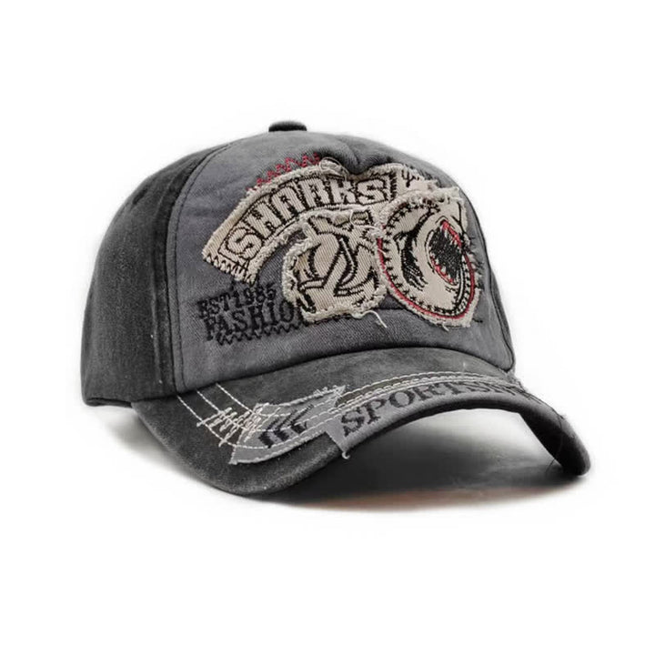 Gorra de béisbol lavada con borde deshilachado retro y bordado de tiburón
