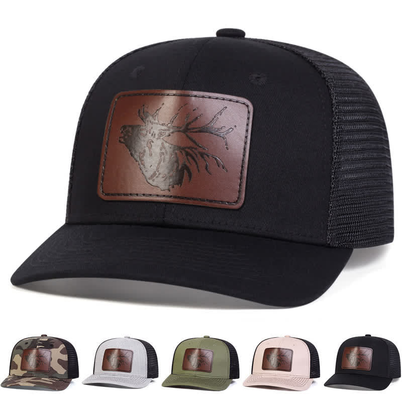 Gorra de camionero con parche de etiqueta de cuero y cabeza de ciervo grande