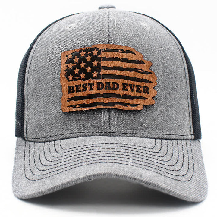 Gorra de camionero con parche de etiqueta de cuero y bandera de EE. UU. UU. "El mejor papá del mundo"
