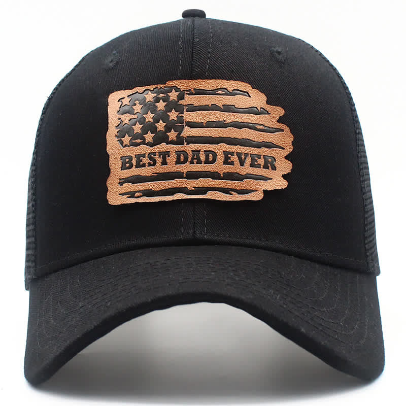 Gorra de camionero con parche de etiqueta de cuero y bandera de EE. UU. UU. "El mejor papá del mundo"