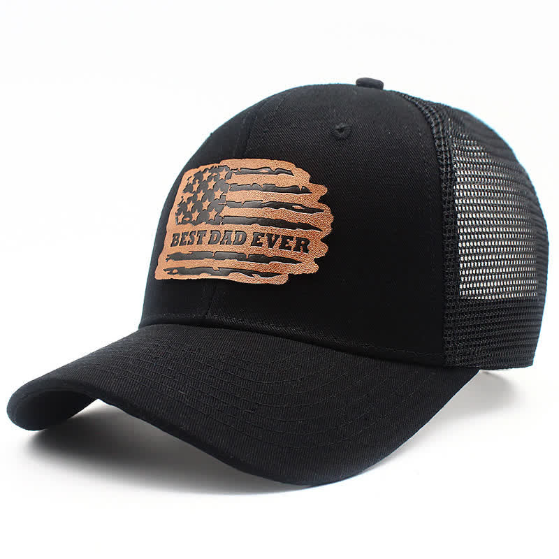 Gorra de camionero con parche de etiqueta de cuero y bandera de EE. UU. UU. "El mejor papá del mundo"