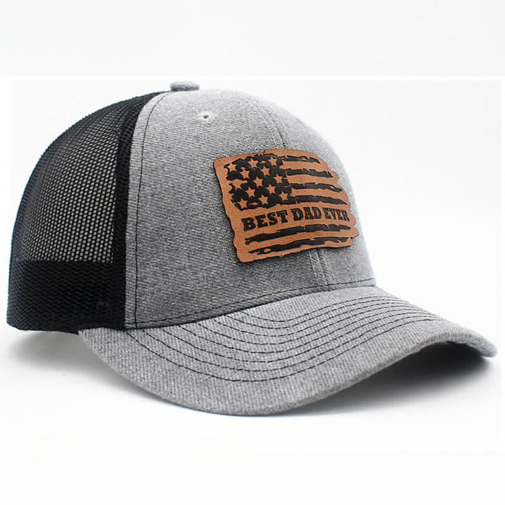 Gorra de camionero con parche de etiqueta de cuero y bandera de EE. UU. UU. "El mejor papá del mundo"