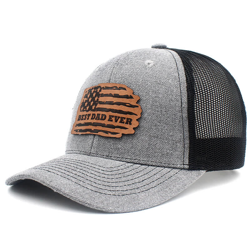 Gorra de camionero con parche de etiqueta de cuero y bandera de EE. UU. UU. "El mejor papá del mundo"