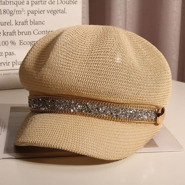 Boina de paja con cadena dorada y diamantes de imitación plateados para mujer