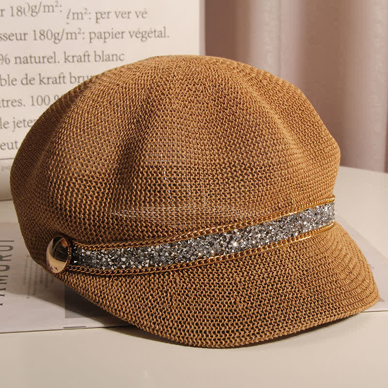 Boina de paja con cadena dorada y diamantes de imitación plateados para mujer