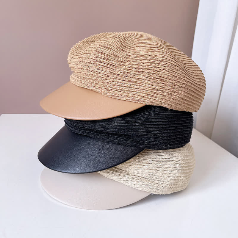 Boina de paja con panel de ala de cuero sintético para mujer