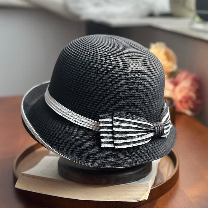 Sombrero fedora de paja playera con lazo a rayas para mujer