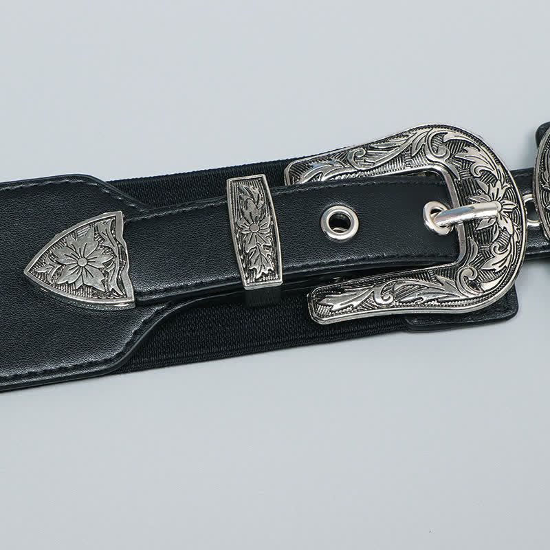 Cinturón elástico de cuero con doble hebilla para mujer, ideal para pantalones vaqueros y vestidos.