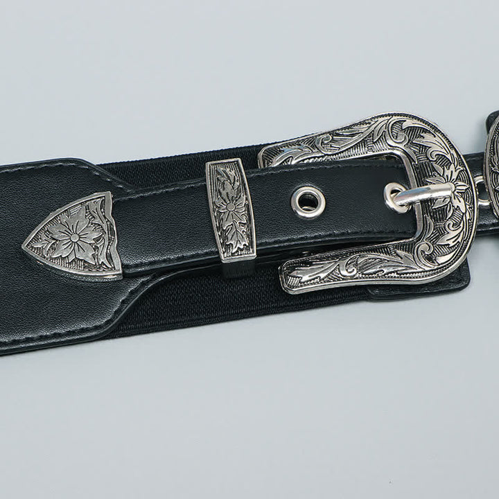 Cinturón elástico de cuero con doble hebilla para mujer, ideal para pantalones vaqueros y vestidos.