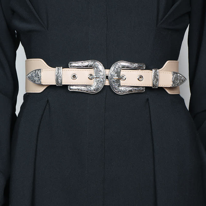 Cinturón elástico de cuero con doble hebilla para mujer, ideal para pantalones vaqueros y vestidos.